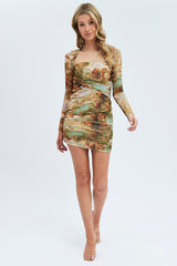 Multi Print Mini Dress Long Sleeve Square Neck Bodycon Mesh