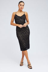 Black Midi Dress Sleeveless V-Neck Bodycon Lace Stretch