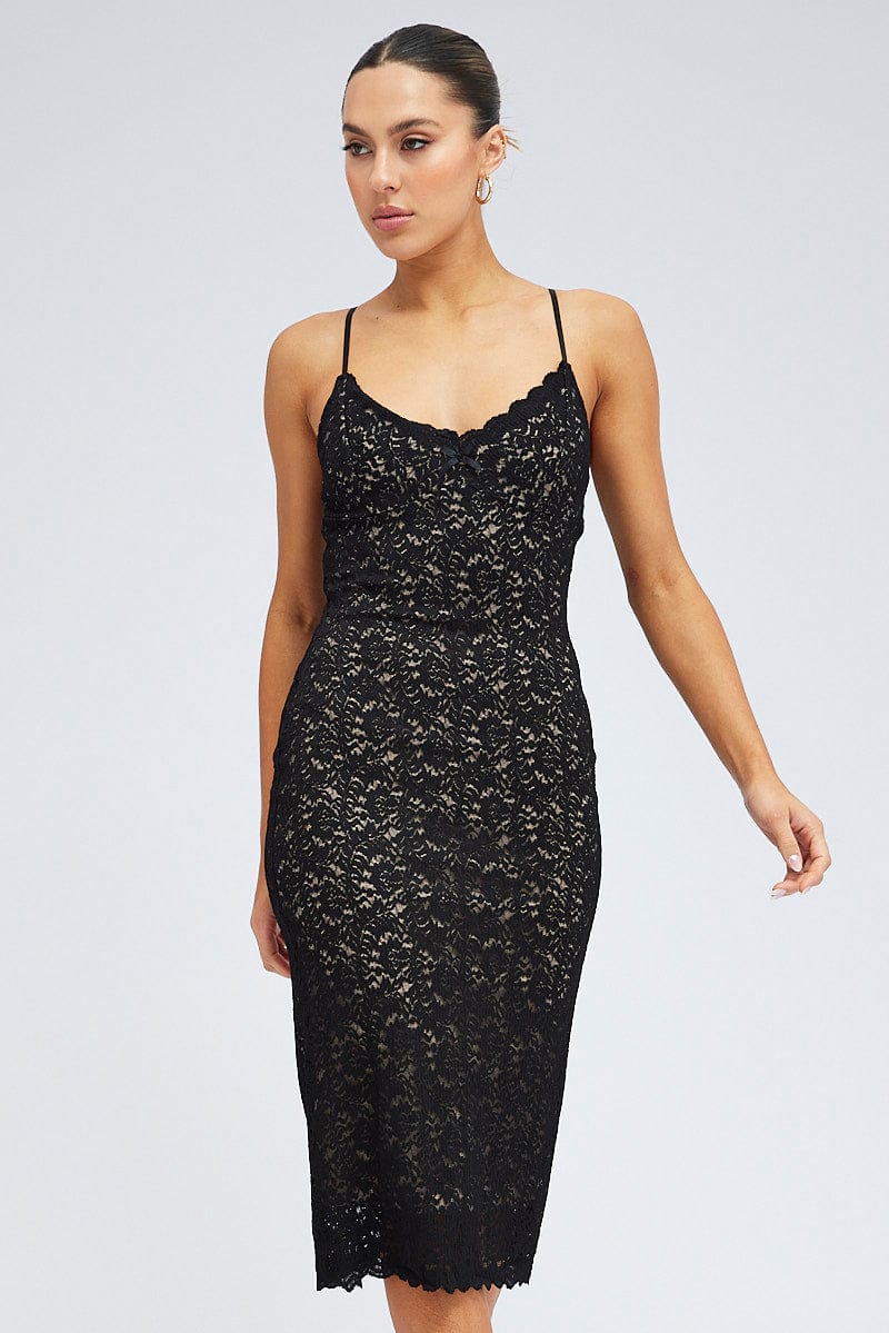 Black Midi Dress Sleeveless V-Neck Bodycon Lace Stretch