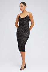 Black Midi Dress Sleeveless V-Neck Bodycon Lace Stretch