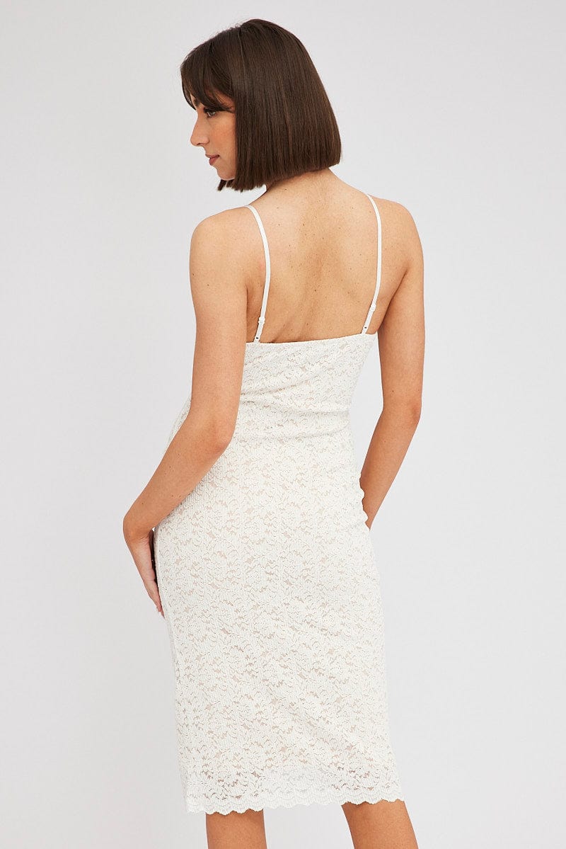 White Midi Dress Sleeveless V-Neck Bodycon Lace Stretch