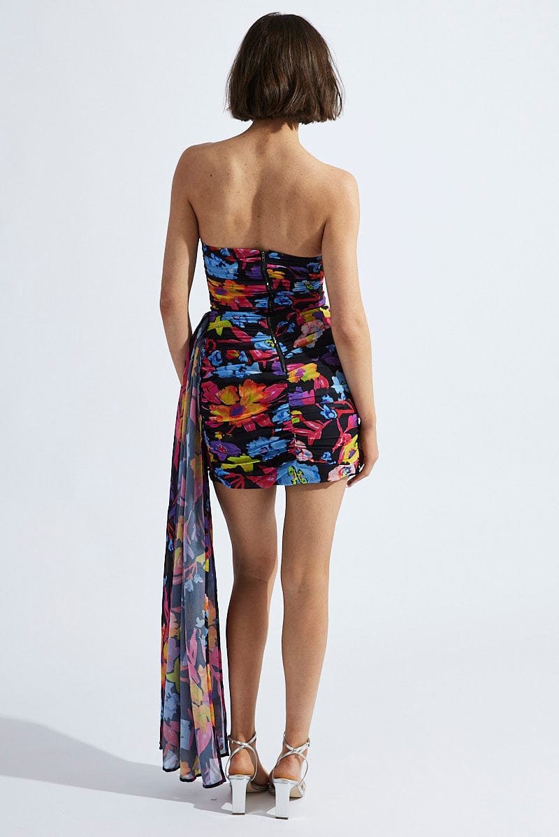 Multi Floral Sash Bandeau Draped Chiffon Dress