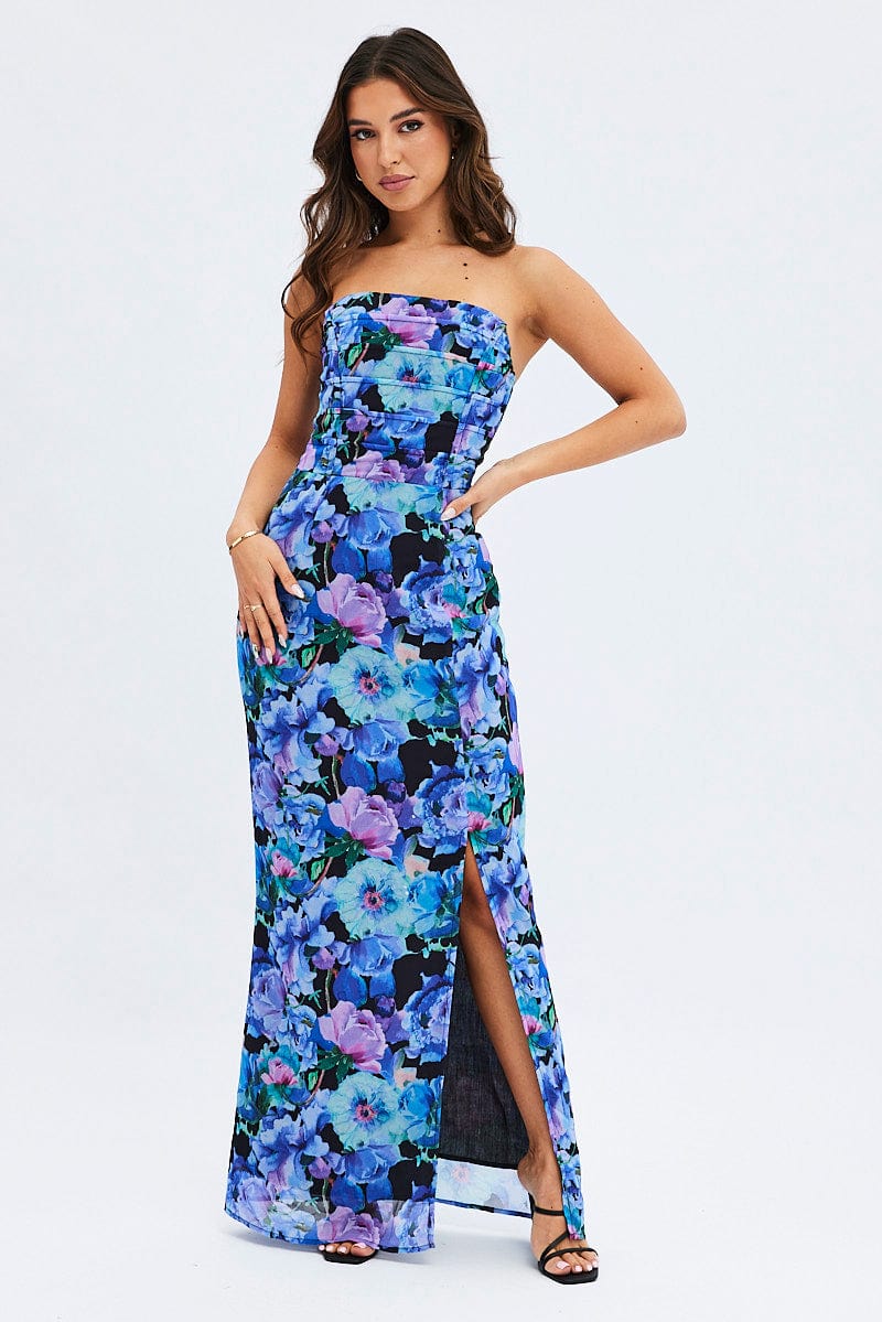 Multi Floral Bandeau Strapless Side Split Chiffon Maxi Dress