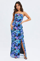 Multi Floral Bandeau Strapless Side Split Chiffon Maxi Dress