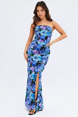 Multi Floral Bandeau Strapless Side Split Chiffon Maxi Dress