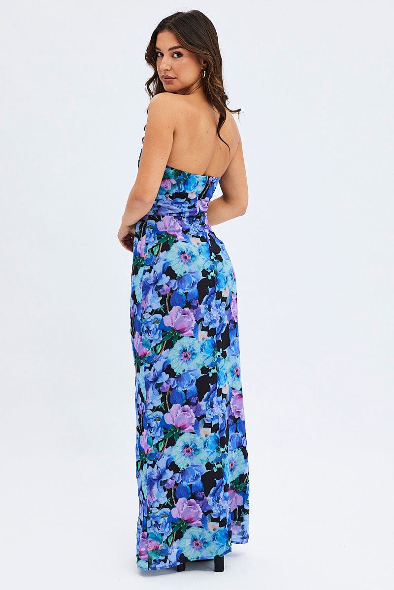 Multi Floral Bandeau Strapless Side Split Chiffon Maxi Dress