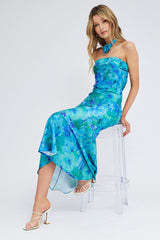 Blue Floral Bandeau Strapless Maxi Dress Rosette Choker