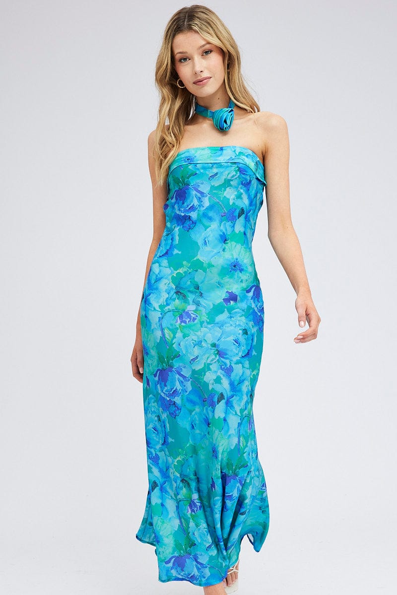 Blue Floral Bandeau Strapless Maxi Dress Rosette Choker