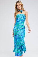 Blue Floral Bandeau Strapless Maxi Dress Rosette Choker