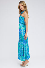 Blue Floral Bandeau Strapless Maxi Dress Rosette Choker