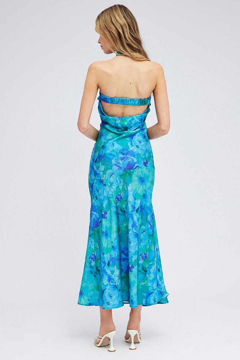 Blue Floral Bandeau Strapless Maxi Dress Rosette Choker