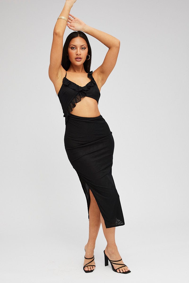 Black Midi Dress Asymmetric Ruffle Cut Out