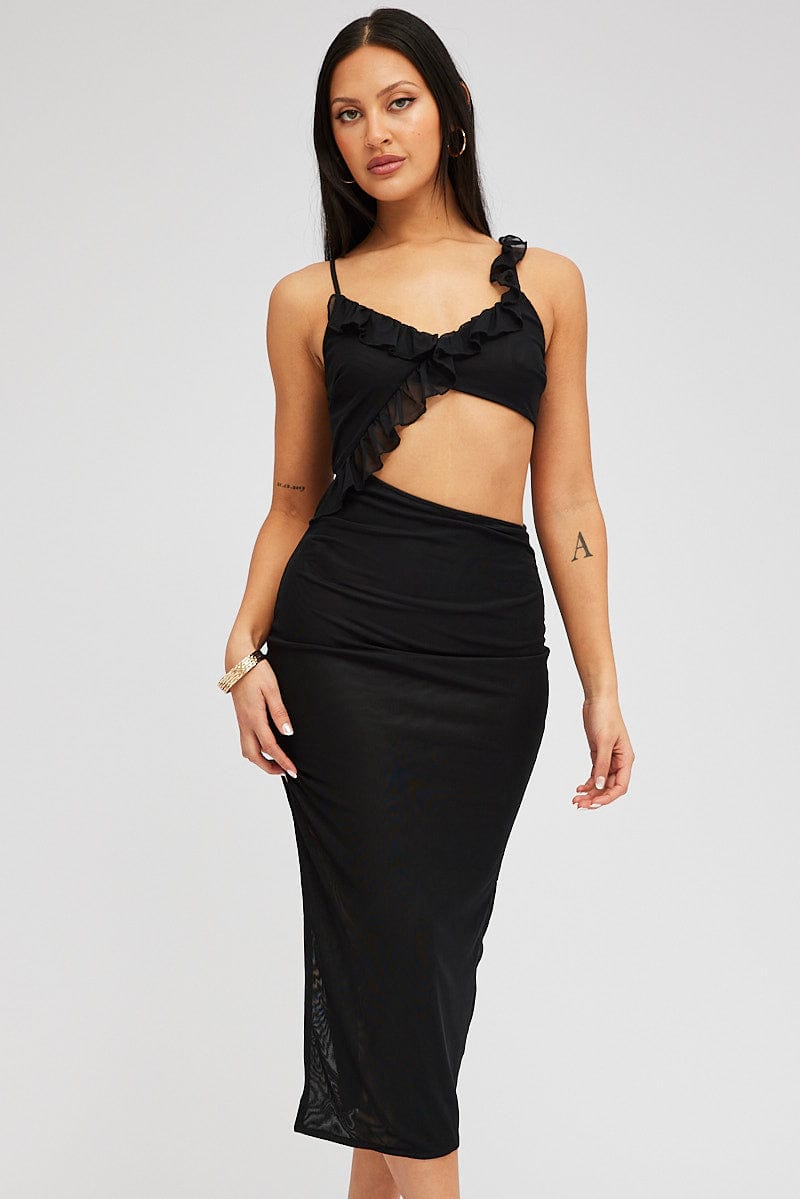 Black Midi Dress Asymmetric Ruffle Cut Out