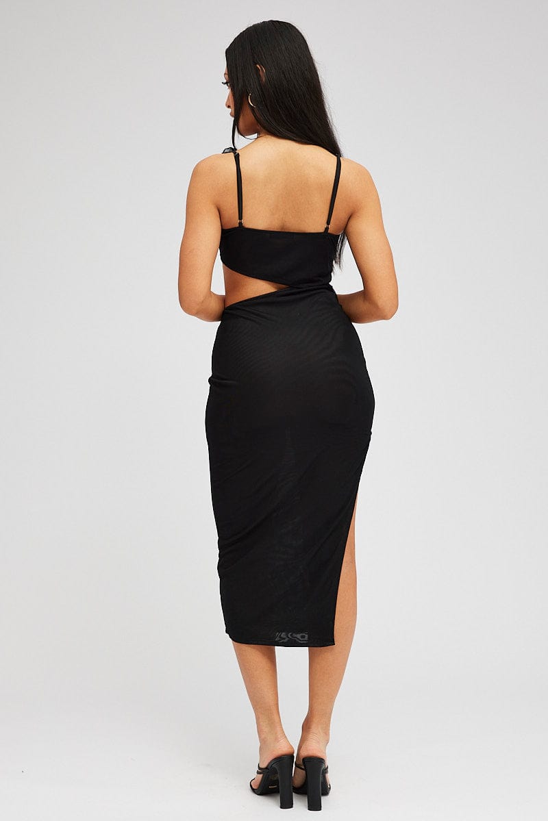 Black Midi Dress Asymmetric Ruffle Cut Out