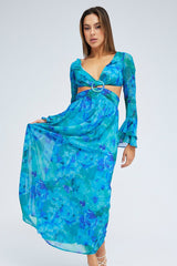 Blue Floral Maxi Dress Flared Sleeve Ring Detail Chiffon