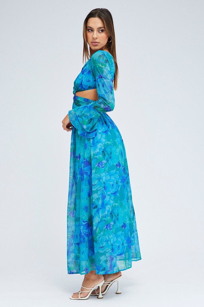 Blue Floral Maxi Dress Flared Sleeve Ring Detail Chiffon