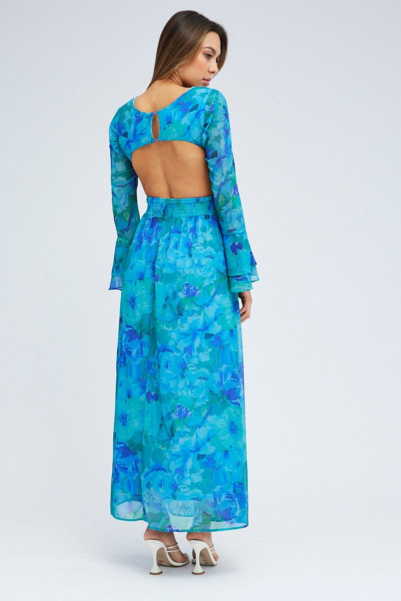 Blue Floral Maxi Dress Flared Sleeve Ring Detail Chiffon