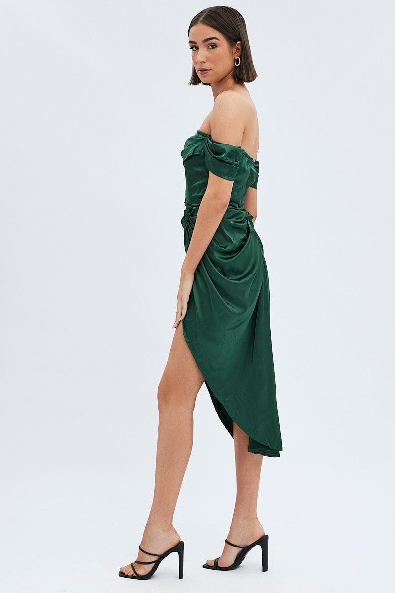 Green Dress Bardot Draped Satin