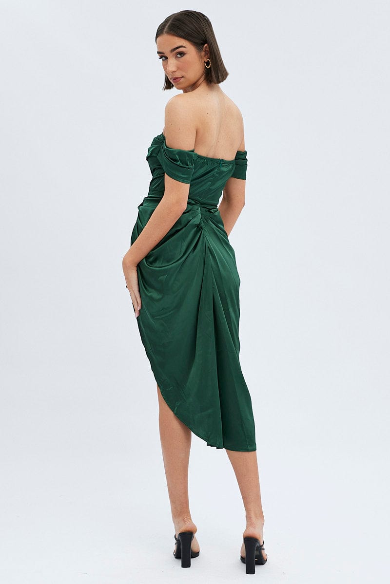 Green Dress Bardot Draped Satin