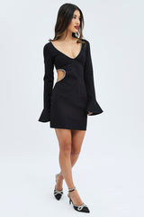 Black Flared Sleeve Cut Out Diamante Mini Dress