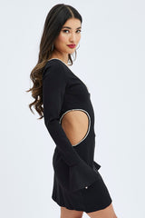 Black Flared Sleeve Cut Out Diamante Mini Dress