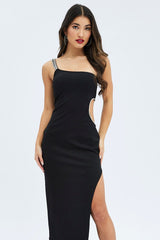 Black One Shoulder Diamonte Trim Cut Out Maxi Dress