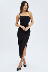 Black One Shoulder Diamonte Trim Cut Out Maxi Dress