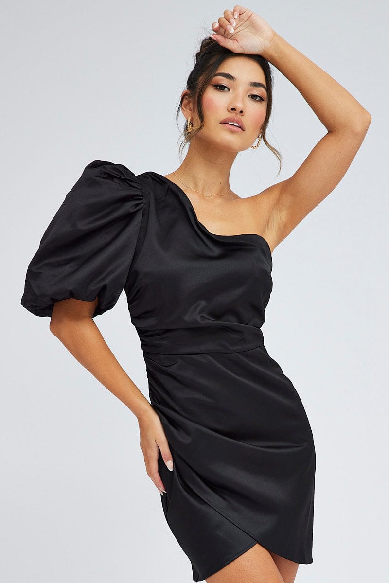 Black One Shoulder Puff Sleeve Statement Dress