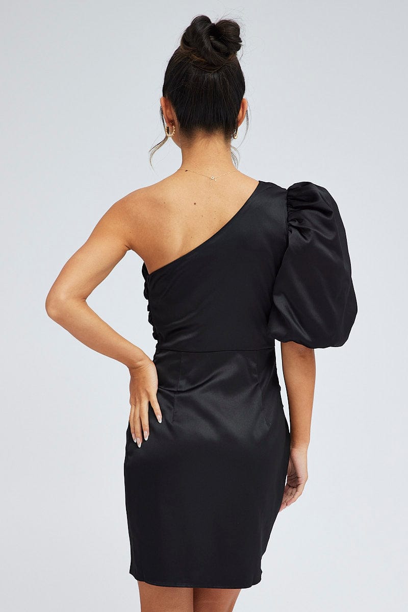 Black One Shoulder Puff Sleeve Statement Dress