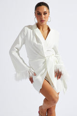 White Wrap Dress Long Sleeve Faux Feather Cuffs