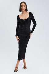 Black Midi Dress Long Sleeve Bodycon Mesh