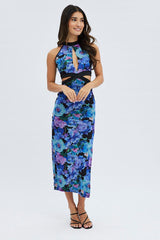 Multi Floral Cut Out Crossover High Neck Mesh Maxi Dress