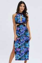 Multi Floral Cut Out Crossover High Neck Mesh Maxi Dress