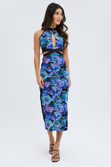 Multi Floral Cut Out Crossover High Neck Mesh Maxi Dress