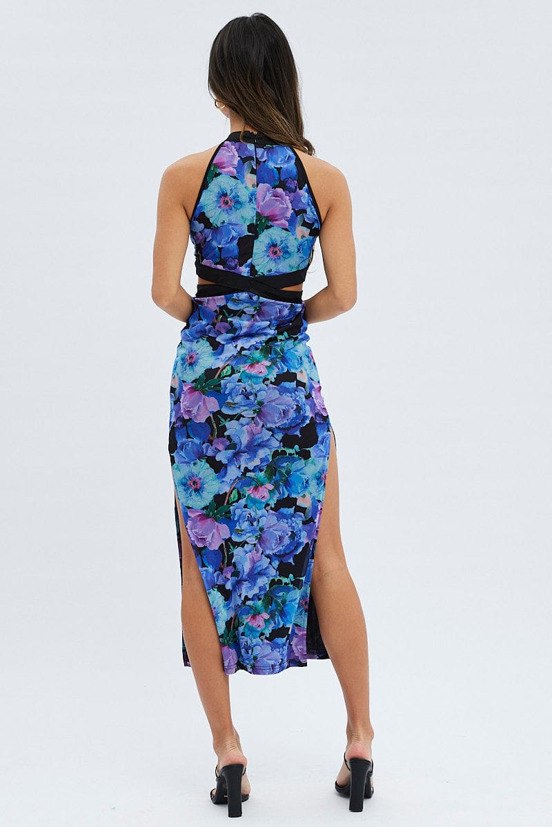 Multi Floral Cut Out Crossover High Neck Mesh Maxi Dress