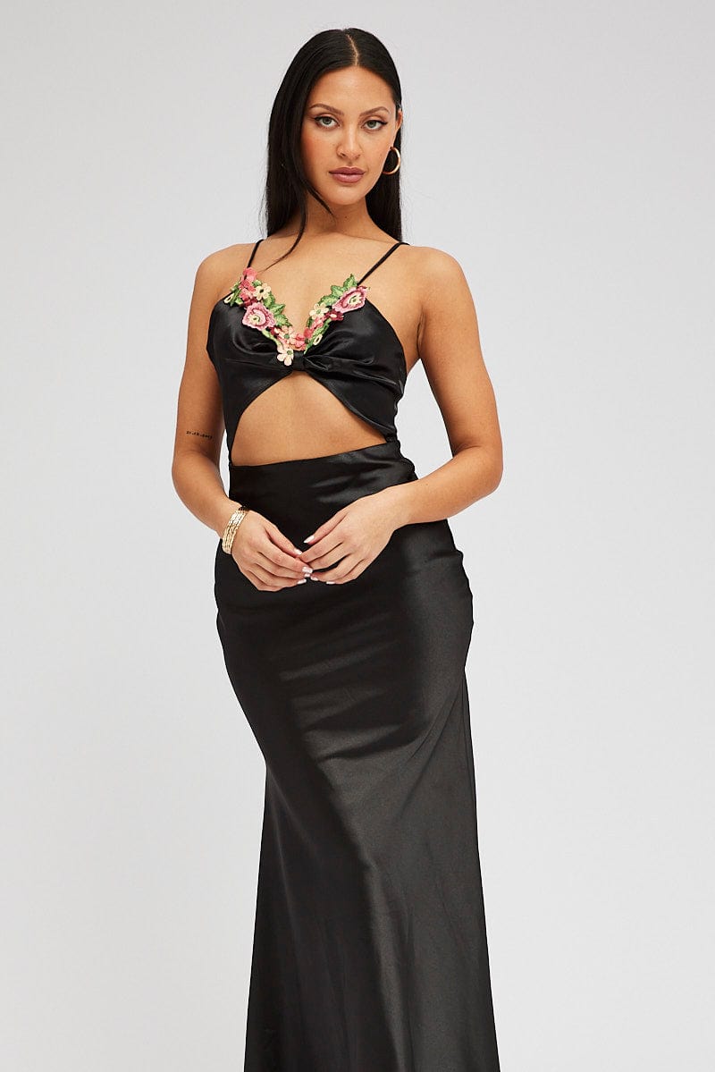 Black Maxi Dress Satin Flower Embroidery Applique