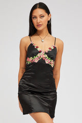 Black Slip Dress Satin Flower Embroidery Applique