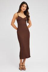 Brown Midi Dress Sleeveless Textured Fabric