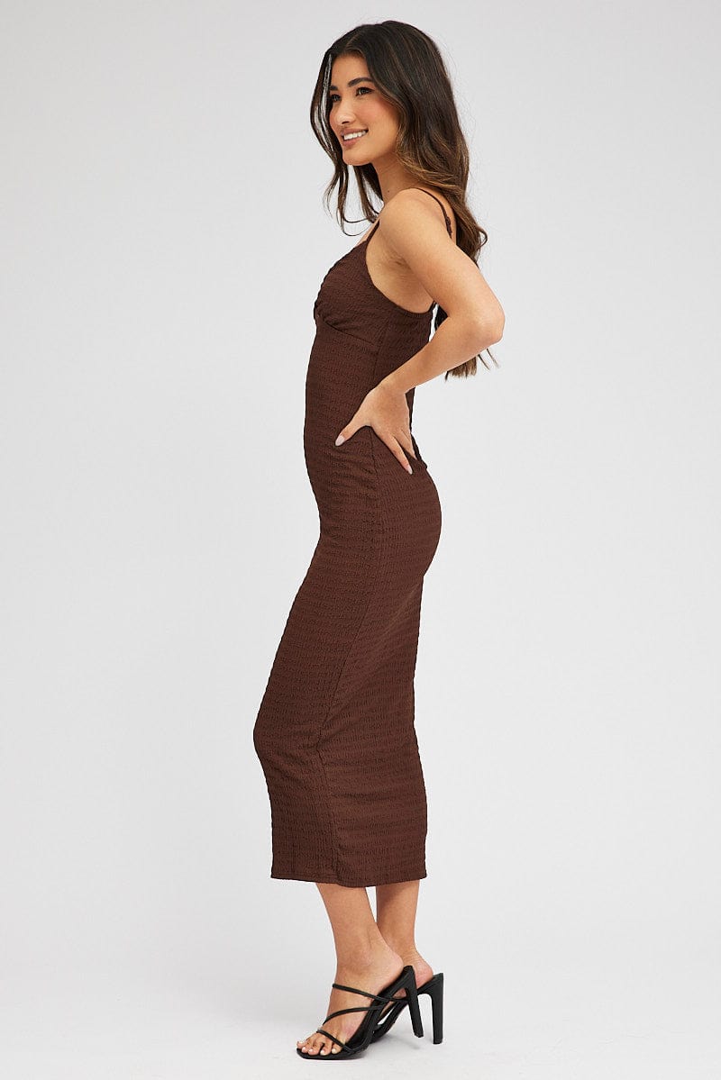 Brown Midi Dress Sleeveless Textured Fabric