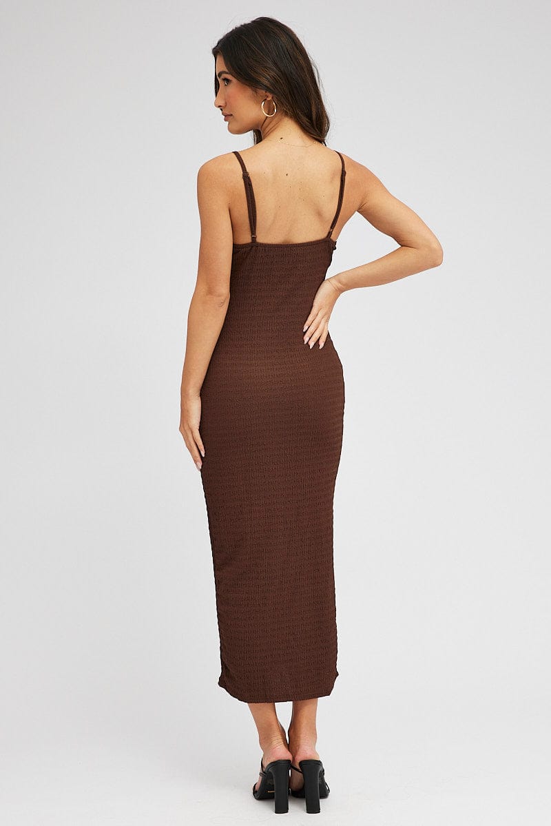 Brown Midi Dress Sleeveless Textured Fabric