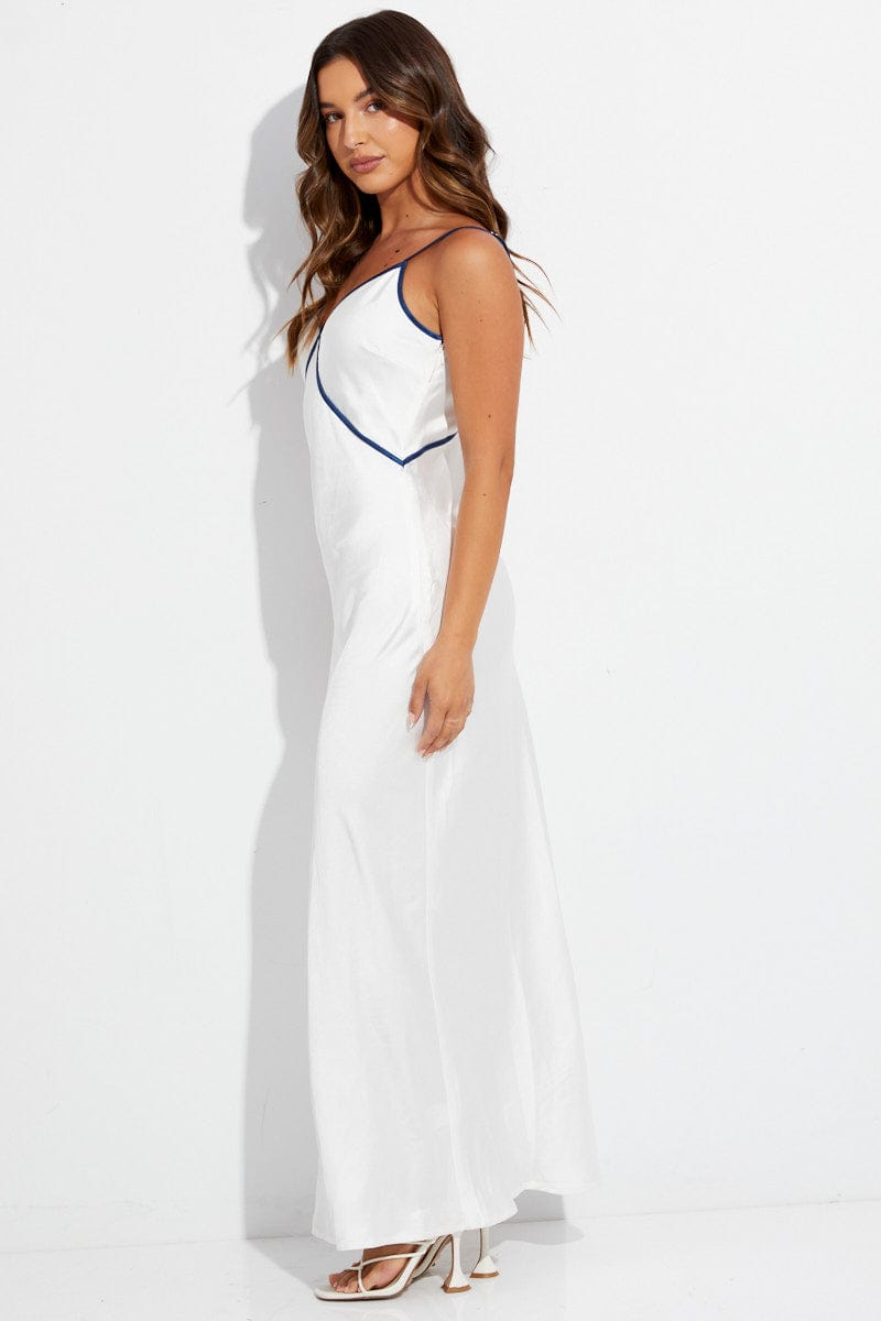 White Maxi Dress V Neck Contrast Binding Details Satin