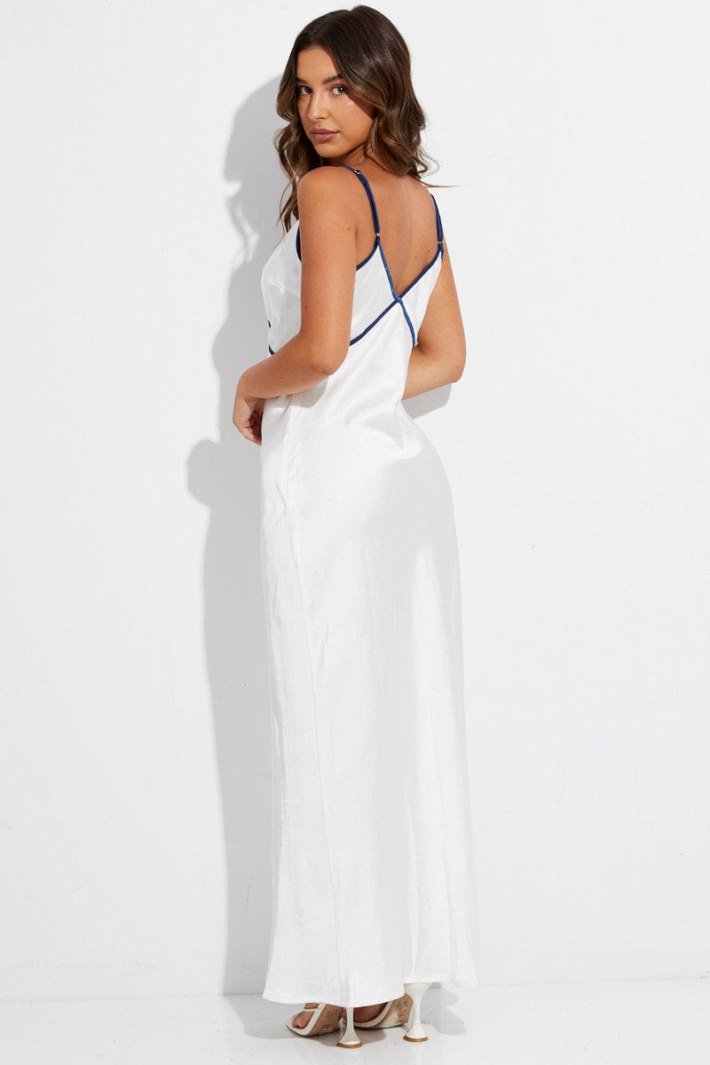 White Maxi Dress V Neck Contrast Binding Details Satin