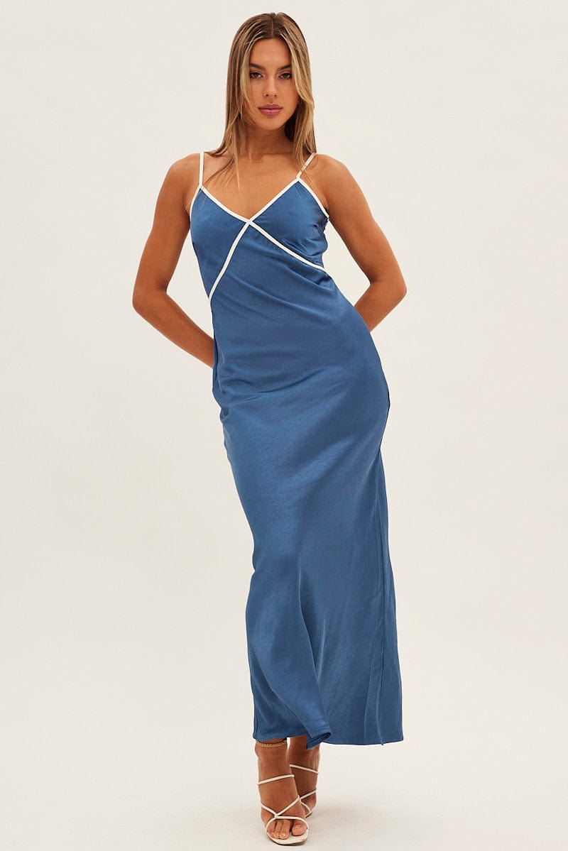 Blue Maxi Dress V Neck Contrast Binding Details Satin