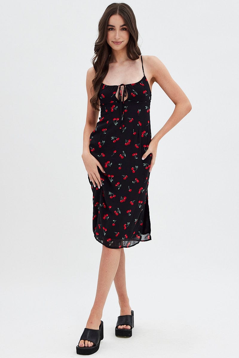 Red Floral Midi Dress Grunge Floral Print