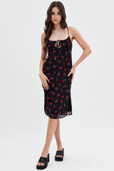 Red Floral Midi Dress Grunge Floral Print