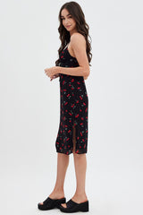 Red Floral Midi Dress Grunge Floral Print