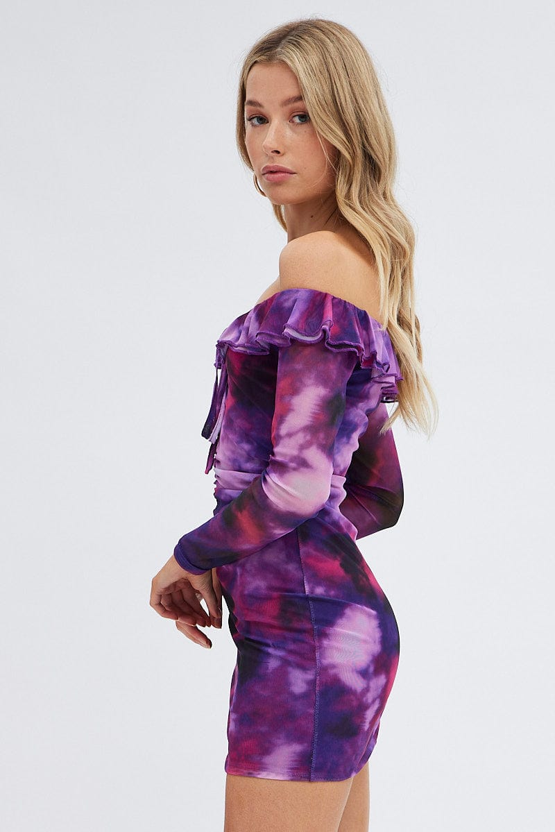 Purple Abstract Mini Dress Long Sleeve Off Shoulder Frill Mesh