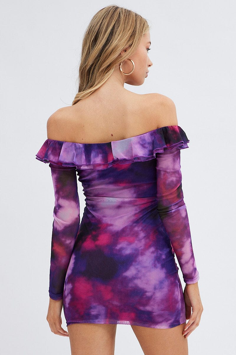 Purple Abstract Mini Dress Long Sleeve Off Shoulder Frill Mesh