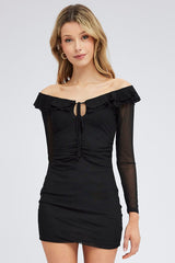 Black Mini Dress Long Sleeve Off Shoulder Frill Mesh