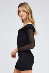 Black Mini Dress Long Sleeve Off Shoulder Frill Mesh